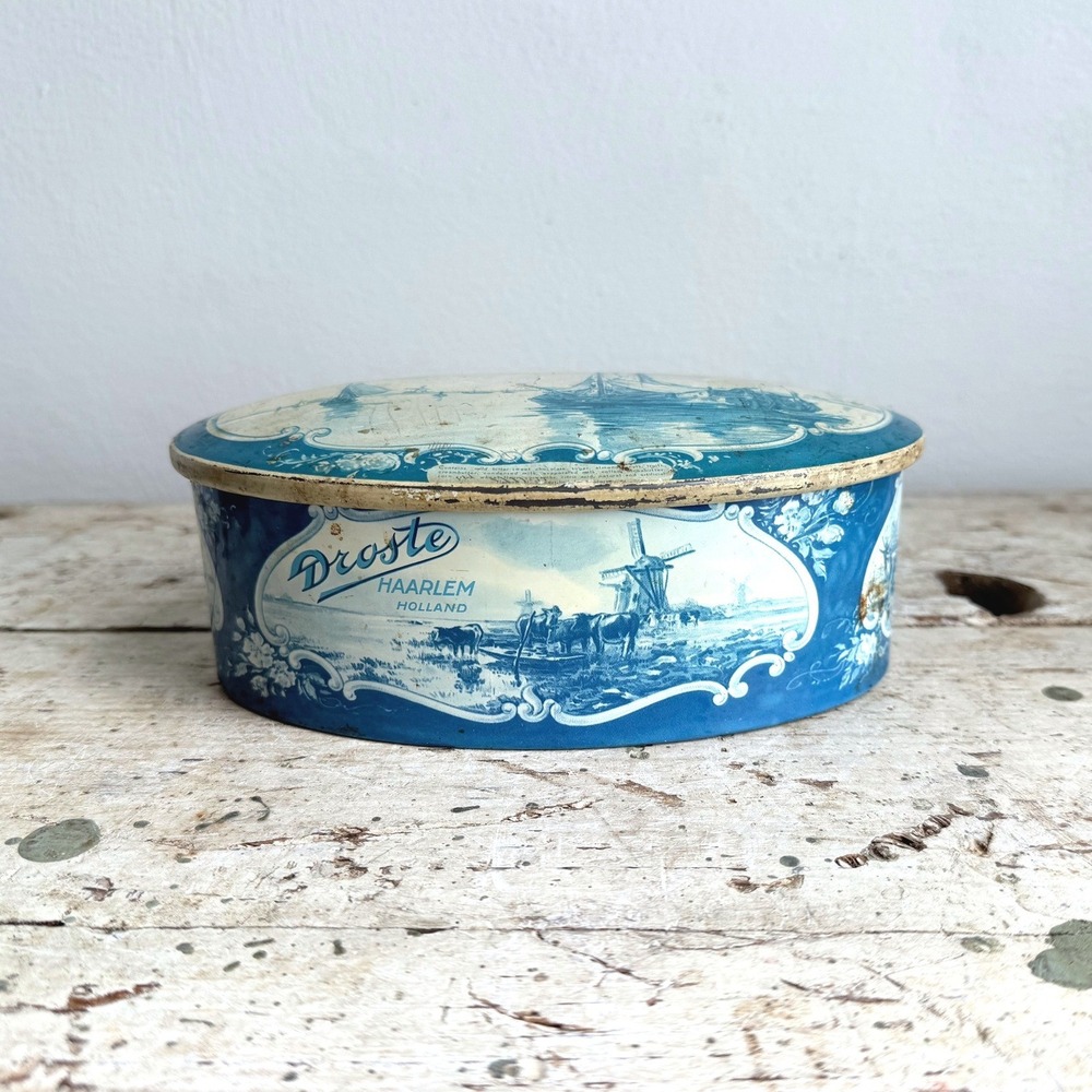 Vintage Droste Haarlem Holland Oval Chocolate Tin Delft Blue Windmill Sailboat